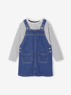 -Ensemble fille robe salopette jean et tee shirt rayé 