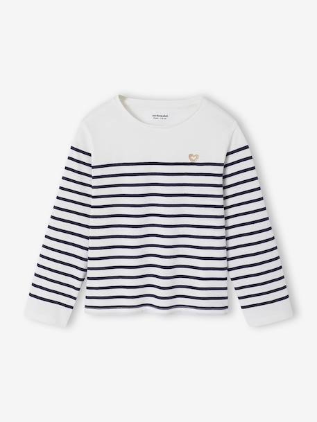 Tee-shirt marinière fille manches longues rayé bleu+vert sauge 1 - vertbaudet enfant 