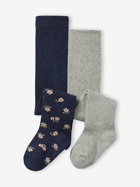 Lot 2 collants bébé fille uni et motifs fleurs bleu nuit 1 - vertbaudet enfant 