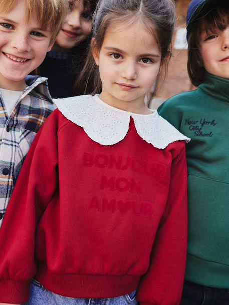Sweat fille col claudine broderie anglaise écru+gris chiné+mauve+rose pâle+rouge 14 - vertbaudet enfant 