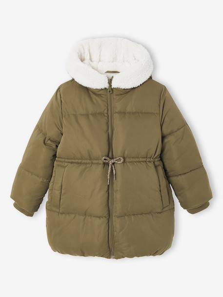 Doudoune fille longue à capuche kaki+vieux rose 1 - vertbaudet enfant 