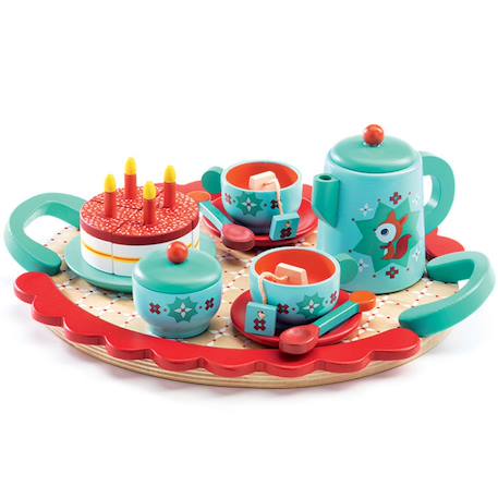 Service à thé en bois le goûter de renard Bleu turquoise et rouge 1 - vertbaudet enfant 