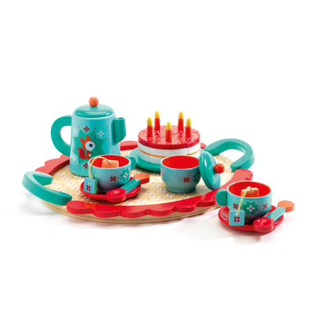 Service à thé en bois le goûter de renard Bleu turquoise et rouge 2 - vertbaudet enfant 