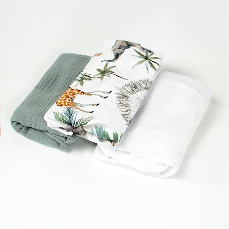 Lot de 3 draps housses couffin en coton safari Blanc, vert, safari 2 - vertbaudet enfant 