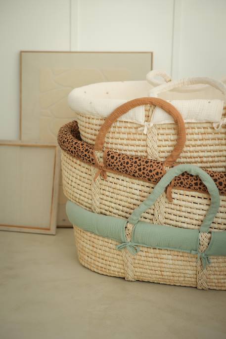Couffin bébé en fibres naturelles tressées Blanc+Léopard+vert sauge 5 - vertbaudet enfant 