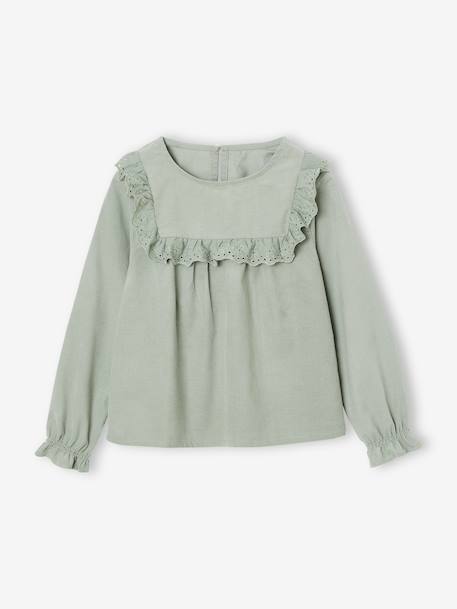 Blouse fille velours à volants détails broderie anglaise rose poudré+vert de gris 5 - vertbaudet enfant 