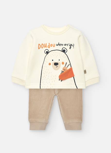 Ensemble Bébé 2 Pièces - Body Matelassé Blanc à Ours + Pantalon Marron - Taille 0-18 Mois, Chaud Et Doux