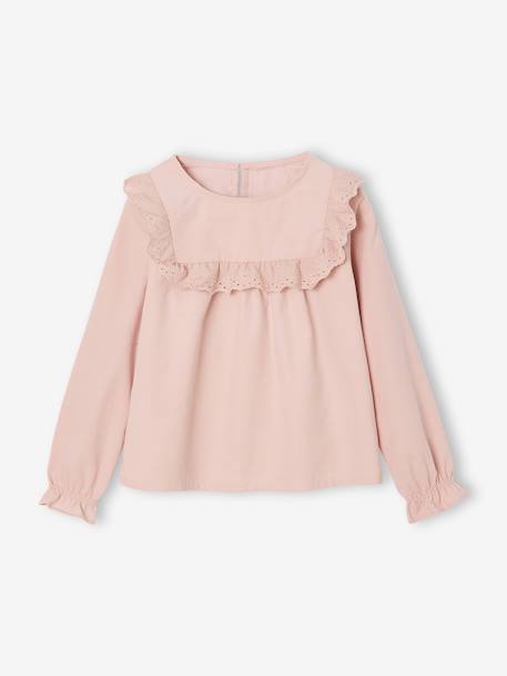 Blouse fille velours à volants détails broderie anglaise rose poudré+vert de gris 1 - vertbaudet enfant 