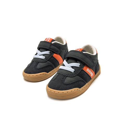 Sneakers garçon synthétique lacets- fermeture adhésive barefoot Bleu foncé-orange 2 - vertbaudet enfant 