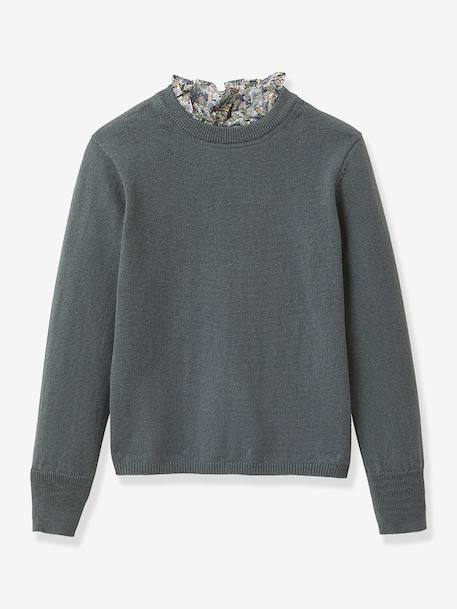 Pull fille col tissu Liberty VERT FONCE UNI 1 - vertbaudet enfant 