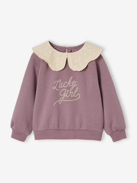 Sweat fille col claudine broderie anglaise écru+gris chiné+mauve+rose pâle+rouge 8 - vertbaudet enfant 