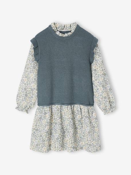 Robe effet 2 en 1 bi-matière fille vert sapin 1 - vertbaudet enfant 