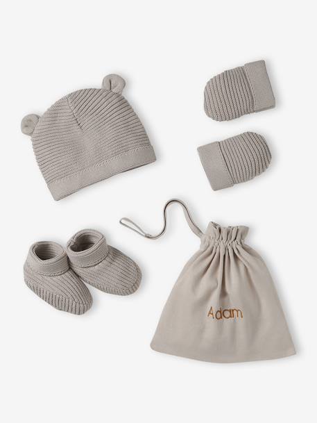 Kit naissance bonnet, moufles et chaussons et son pochon personnalisable beige chiné+écru+rose 1 - vertbaudet enfant 
