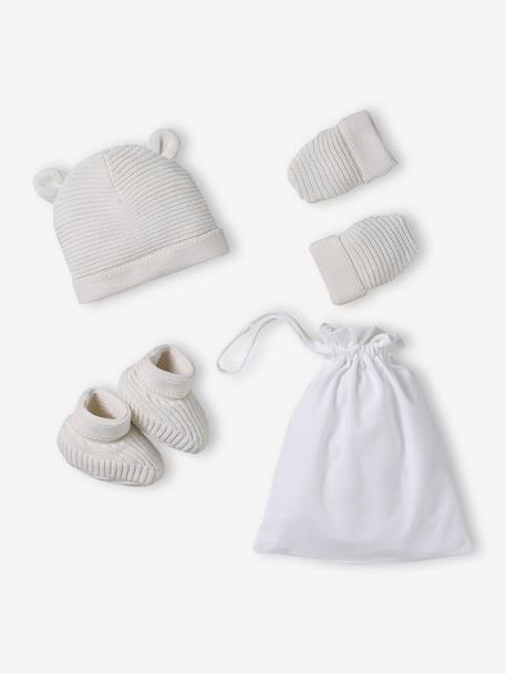 Kit naissance bonnet, moufles et chaussons et son pochon personnalisable beige chiné+écru+rose 15 - vertbaudet enfant 