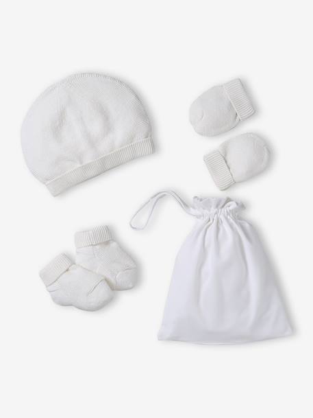Ensemble naissance bonnet, moufles et chaussons et son pochon personnalisable beige chiné+blanc 12 - vertbaudet enfant 