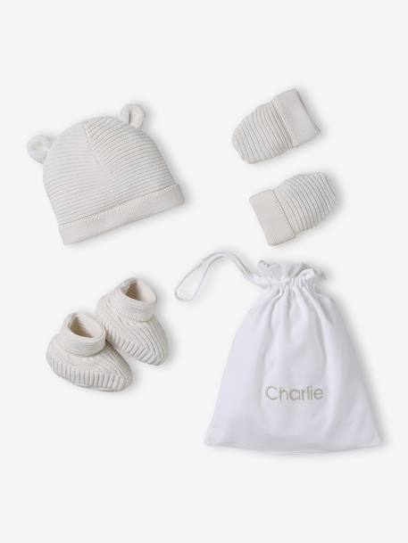 Kit naissance bonnet, moufles et chaussons et son pochon personnalisable beige chiné+écru+rose 7 - vertbaudet enfant 