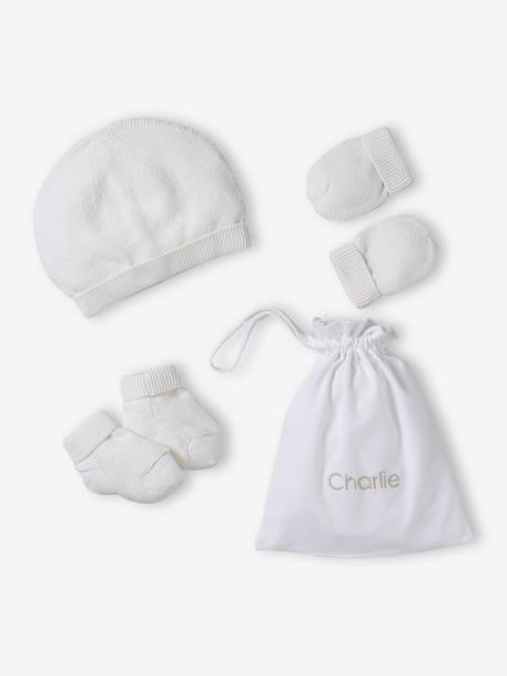 Ensemble naissance bonnet, moufles et chaussons et son pochon personnalisable beige chiné+blanc 7 - vertbaudet enfant 