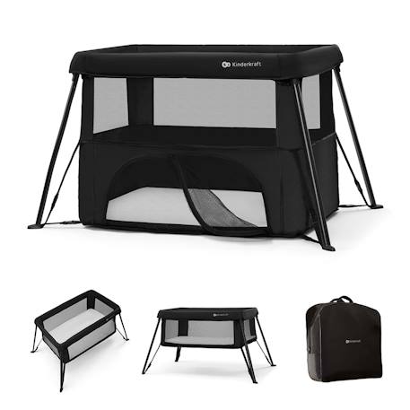 Lit Parapluie Kinderkraft CAMI 3 en 1 Compact et Léger avec Sommier Réglable, Parc Enfant et Sac à Dos Voyage Black+Grey 1 - vertbaudet enfant 
