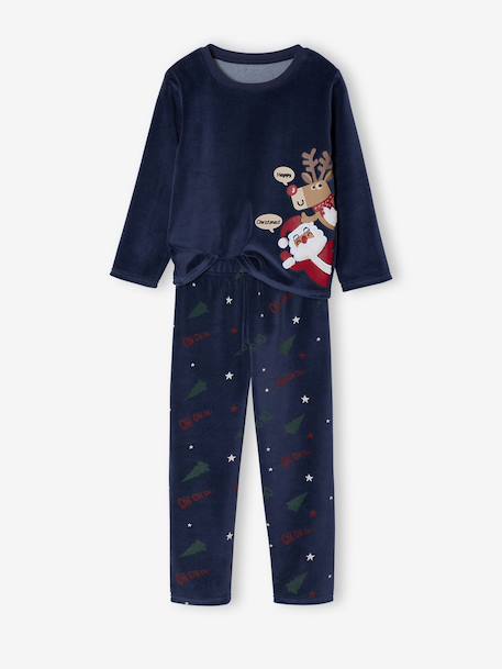 Pyjama velours Noël garçon haut imprimé bas rayé marine 1 - vertbaudet enfant 