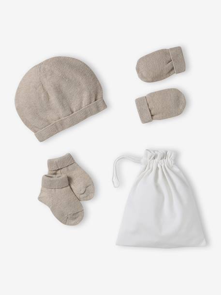 Ensemble naissance bonnet, moufles et chaussons et son pochon personnalisable beige chiné+blanc 6 - vertbaudet enfant 