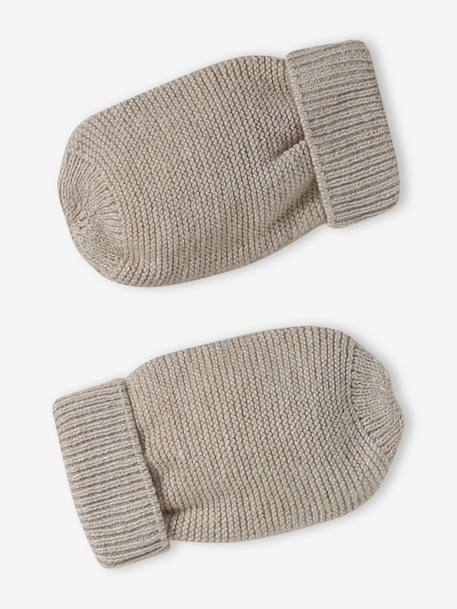 Ensemble naissance bonnet, moufles et chaussons et son pochon personnalisable beige chiné+blanc 3 - vertbaudet enfant 