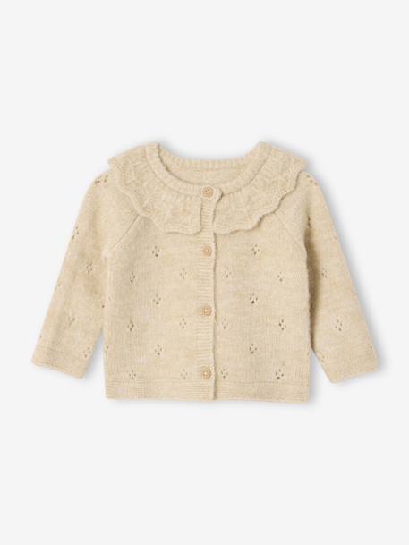 Gilet naissance en tricot maille fantaisie avec col volanté beige chiné 1 - vertbaudet enfant 