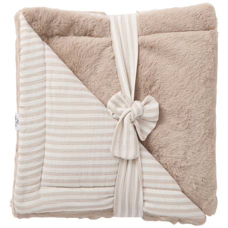Couverture luxe fausse fourrure angora et gaze rayé vert de gris (70 x 100 cm) Beige, blanc+Vert de gris, blanc 1 - vertbaudet enfant 
