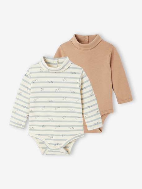 Lot de 2 bodies naissance en interlock 1 rayé + 1 uni beige 1 - vertbaudet enfant 