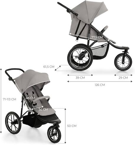 Poussette Tout-Terrain Kinderkraft HELSI 2 avec 3 Roues Gonflables Amorties, Dossier Allongé et Poignée Réglable Gris+Noir 6 - vertbaudet enfant 