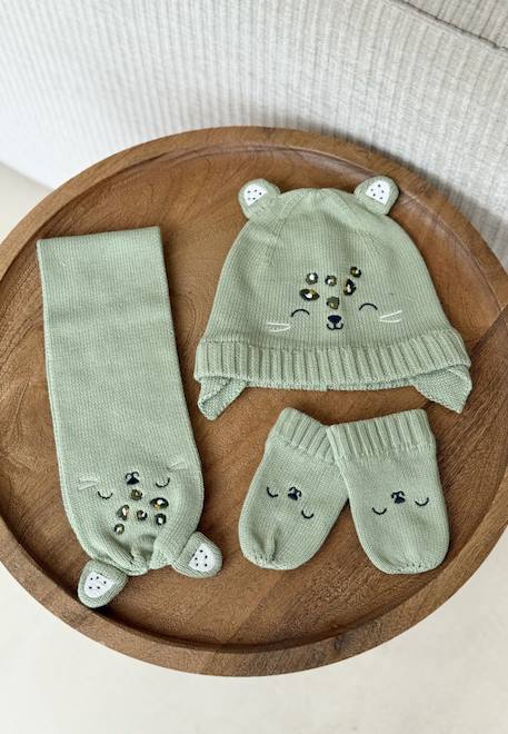 Ensemble bonnet, moufles et écharpe bébé en tricot boavista Kaki 1 - vertbaudet enfant 