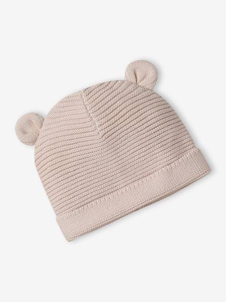 Kit naissance bonnet, moufles et chaussons et son pochon personnalisable beige chiné+écru+rose 17 - vertbaudet enfant 