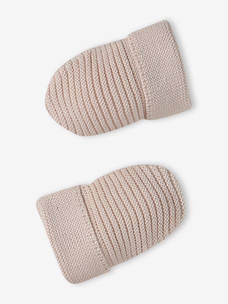 Kit naissance bonnet, moufles et chaussons et son pochon personnalisable beige chiné+écru+rose 18 - vertbaudet enfant 