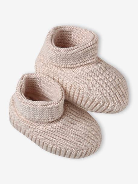 Kit naissance bonnet, moufles et chaussons et son pochon personnalisable beige chiné+écru+rose 20 - vertbaudet enfant 