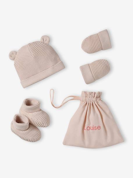 Kit naissance bonnet, moufles et chaussons et son pochon personnalisable beige chiné+écru+rose 21 - vertbaudet enfant 