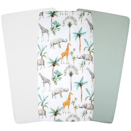 Lot de 3 draps housse berceau en coton safari Safari, vert, gris, blanc 1 - vertbaudet enfant 