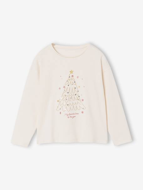 Tee-shirt fille noël motif sapin brillant manches longues écru 1 - vertbaudet enfant 