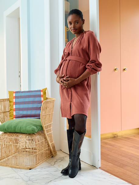 Robe courte en gaze de coton grossesse et allaitement bois de rose+noir 1 - vertbaudet enfant 