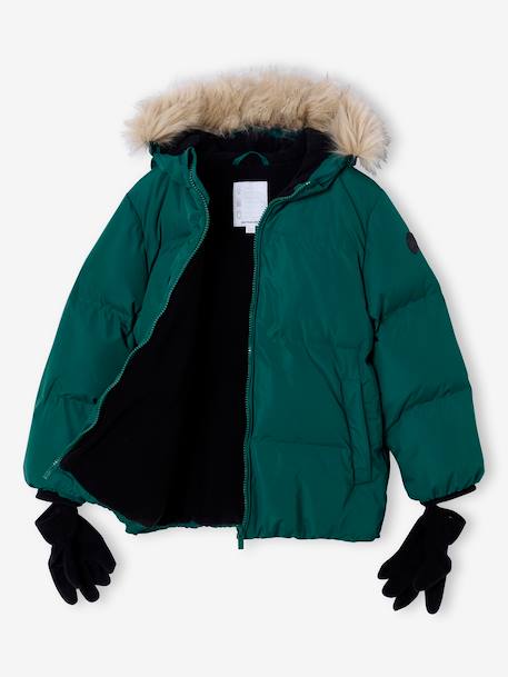 Doudoune garçon à capuche doublée polaire avec moufles ou gants ambre+vert sapin 13 - vertbaudet enfant 