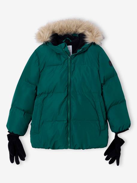 Doudoune garçon à capuche doublée polaire avec moufles ou gants ambre+vert sapin 12 - vertbaudet enfant 