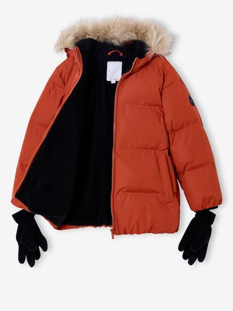 Doudoune garçon à capuche doublée polaire avec moufles ou gants ambre+vert sapin 10 - vertbaudet enfant 