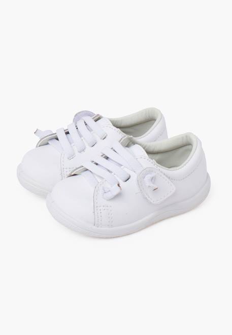 Baskets cuir lavable lacets élastiques Blanc+Bleu marine+Marron 4 - vertbaudet enfant 