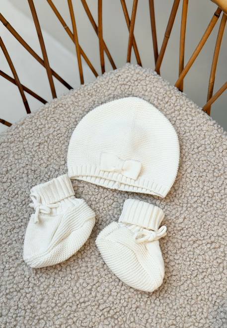 Turban bébé et chaussons en tricot hello baby Ecru 1 - vertbaudet enfant 