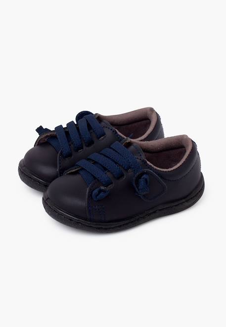 Baskets cuir lavable lacets élastiques Blanc+Bleu marine+Marron 10 - vertbaudet enfant 