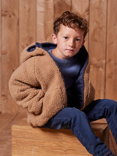 Doudoune à capuche réversible garçon matelassée et sherpa marine+moka+vert sapin 23 - vertbaudet enfant 