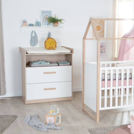 Commode à langer 2 tiroirs 1 niche CABANE Blanc - chêne 6 - vertbaudet enfant 
