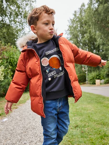 Doudoune garçon à capuche doublée polaire avec moufles ou gants ambre+vert sapin 1 - vertbaudet enfant 