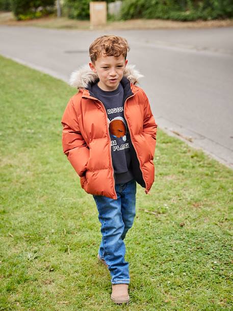 Doudoune garçon à capuche doublée polaire avec moufles ou gants ambre+vert sapin 3 - vertbaudet enfant 
