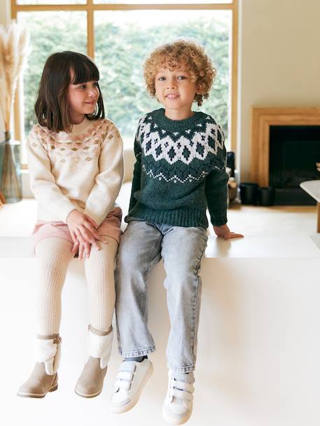 Pull jacquard garçon col rond bleu ardoise+vert 10 - vertbaudet enfant 