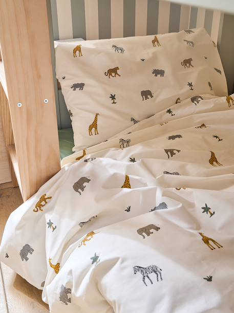 Parure housse de couette et taie d'oreiller enfant WILD ANIMALS blanc imprimé 1 - vertbaudet enfant 