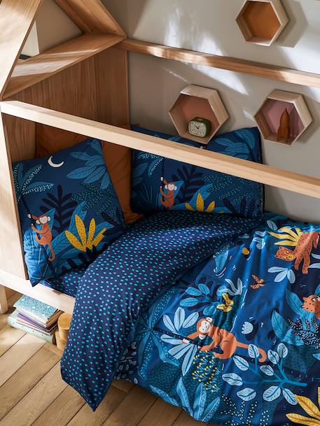 Parure housse de couette enfant et taie d'oreiller JUNGLE NIGHT bleu / multicolore 1 - vertbaudet enfant 